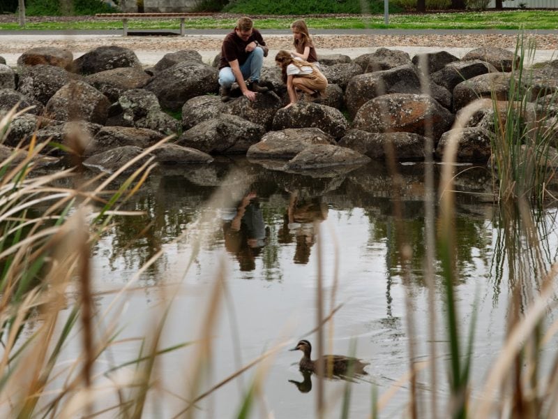 Family sitting on rocks next to pond