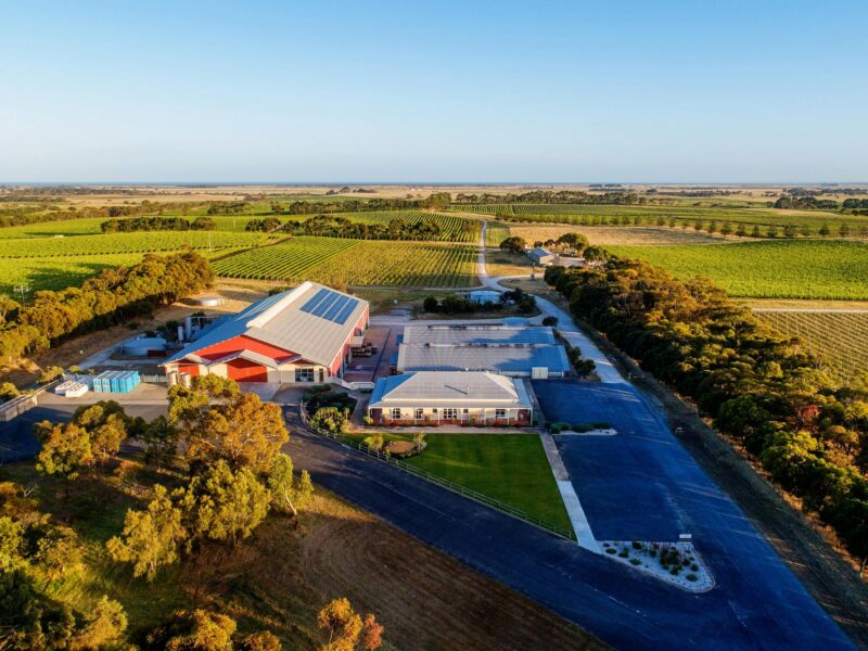 Aerial image of Cellar Door and winery in amongst the 140 hectares of Estate Vineyard.