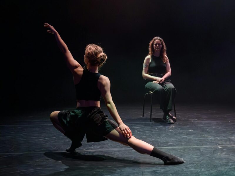 A woman sits in a chair watching a dancer perform for her in the foreground.