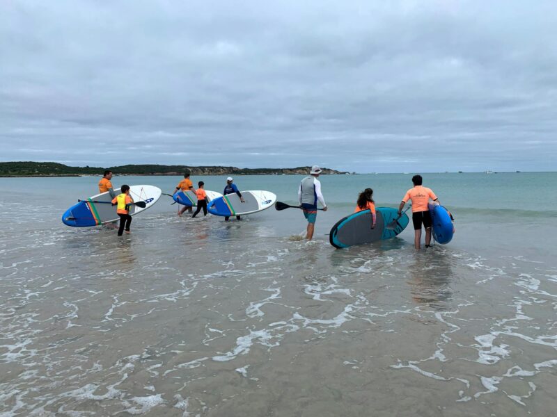 Group of paddleboarders, walking with their boards towards the calm waters of Rivoli Bay