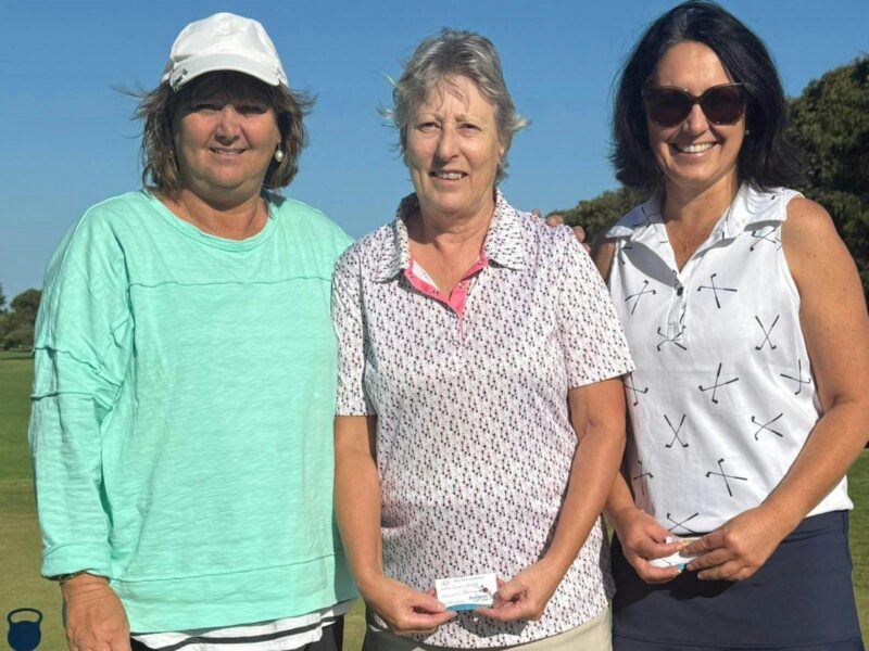 ATDW Ladies Pinehurst Golf Open Day Beachport.jpeg Three ladies with their winning tickets. One has a light green top, and two have patterned tops.