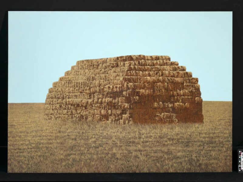 ATDW Almost Here Almost Now.jpeg A painting of a large haystack against the backdrop of a clear blue sky