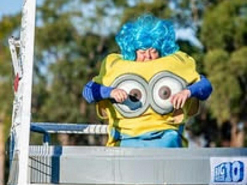 ATDW Penola Eagles Big Freeze 11.jpeg A person dressed up as SpongeBob Squarepants about to be dunked in icy water for MND fundraising.