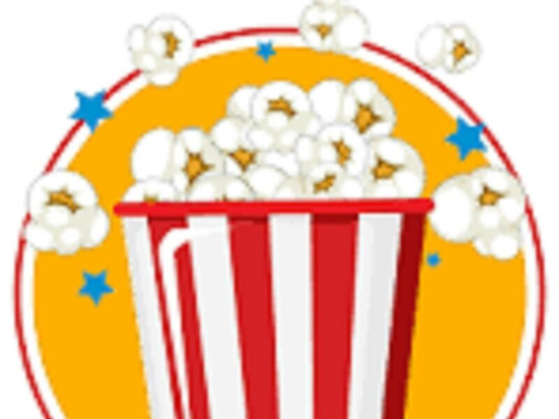Cartoon image of popcorn spilling out of the top of a vertically striped red and white container.