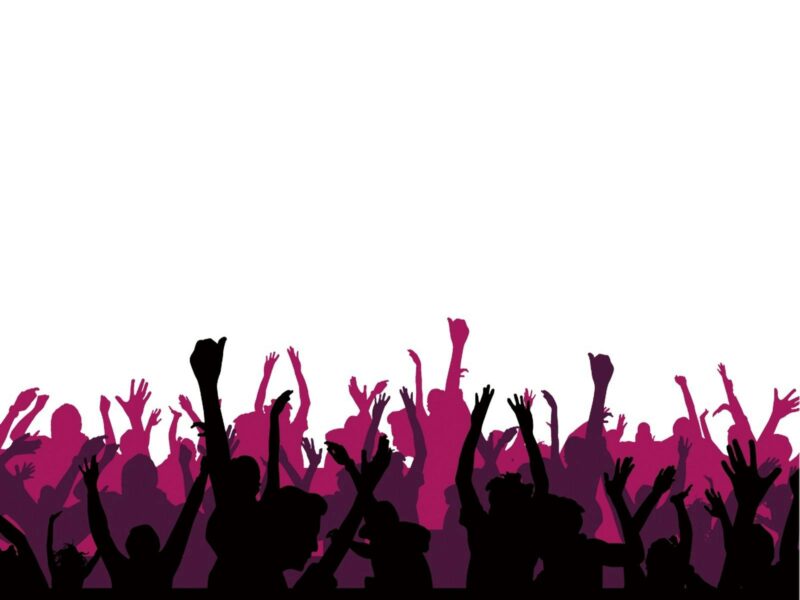Cartoon image of people at a party with their arms in the air having fun.