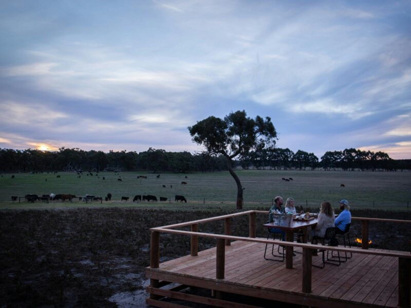 Group of guests enjoying food, wine a great sunset over looking Warrawindi Farms