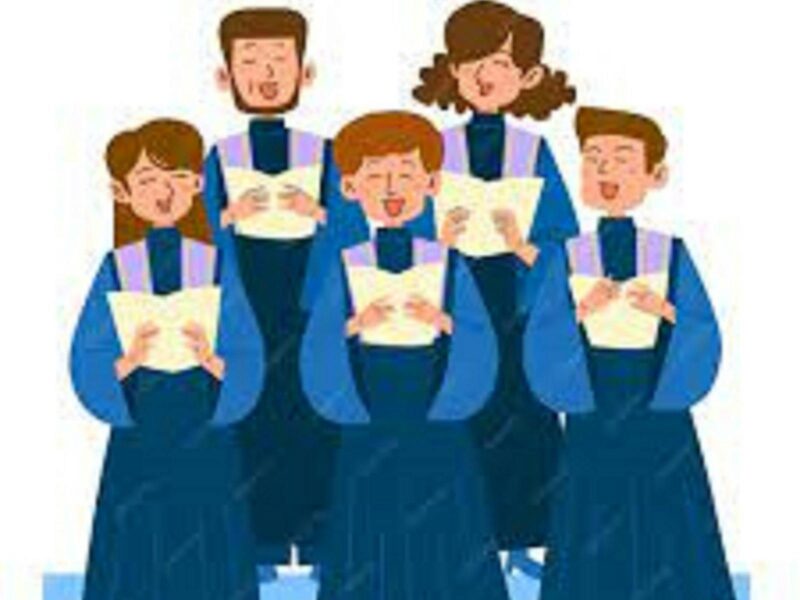 A cartoon of five people dressed in blue choir outfits holding sheet of songs while singing.