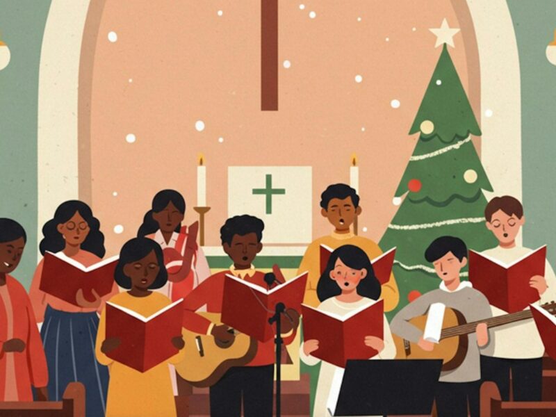 illustration featuring a group of people singing in a church. There is a big cross up high on wall.