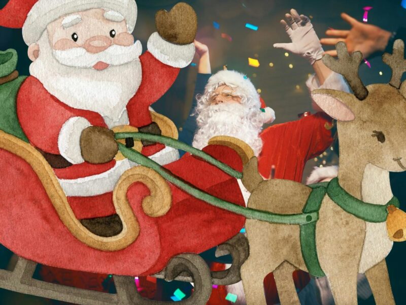 Cartoon drawing of Father Christmas in his red sleigh being towed by a reindeer with a bell on neck.