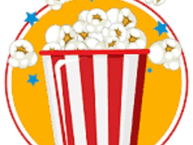 A red and white vertical striped box full of white popcorn falling out of the box.