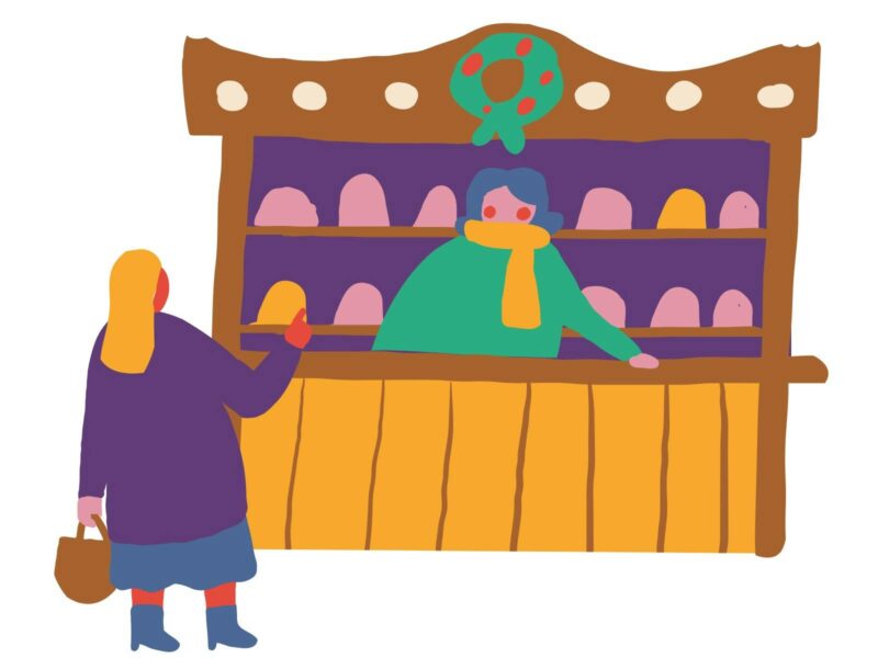 A colourful cartoon drawing of a customer in purple buying goods from a lady working in a stall.