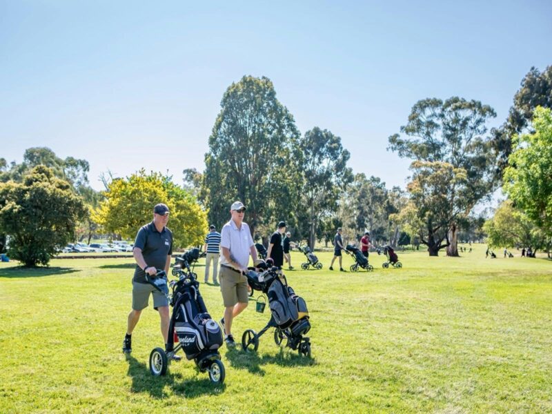 Golfers walking the fairways with carts enjoying a relaxed round on the Limestone Coast