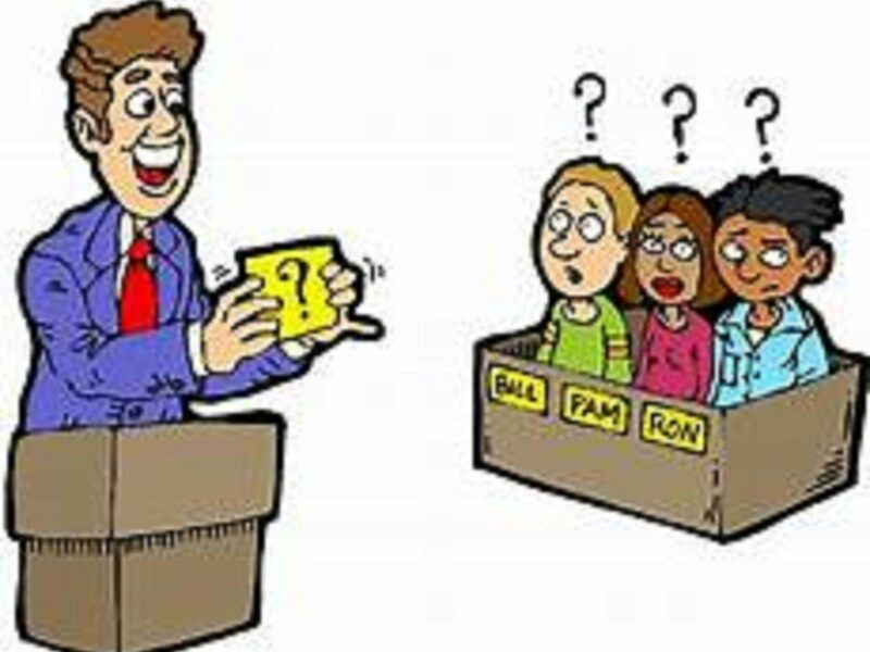 A man in a blue jacket and red tie holding a yellow page with a question mark to 3 confused people.