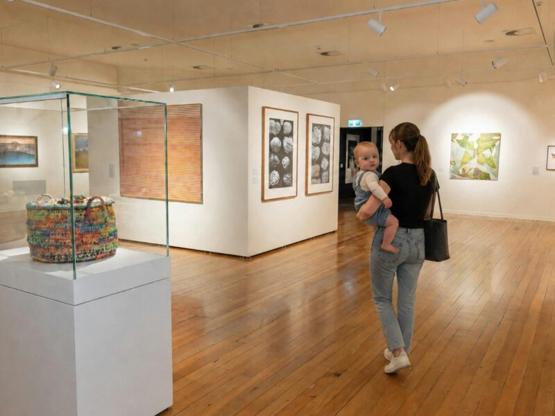 A young mother holds her baby on her hip as she walks through the art gallery
