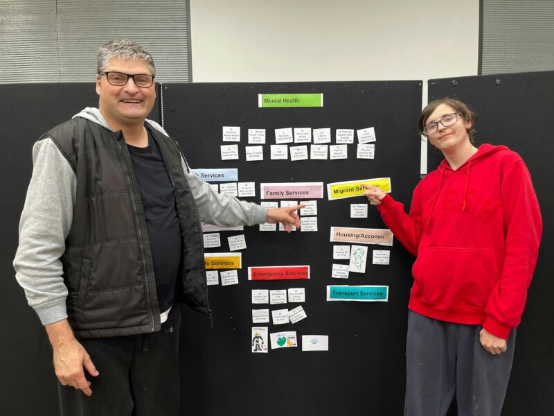 Picture of two men pointing to the middle board of information on emergency services